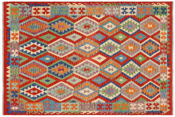 Flat Weave Kilim, Antique, Navaho, Vintage, Handmade, Geometric Kilim Rust Blue Hand-Woven Rectangle 100% Wool Area Rug 7 x 10